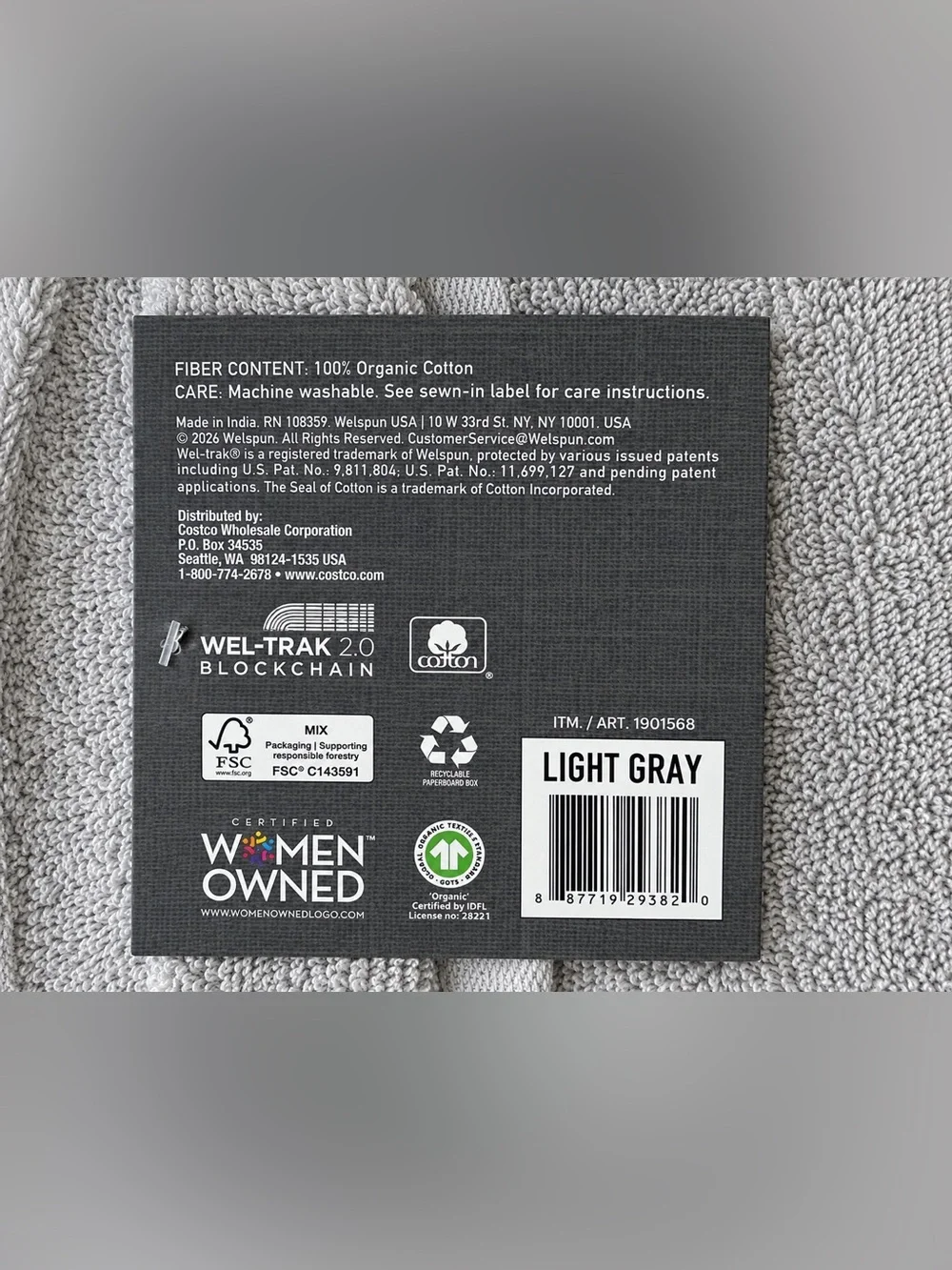 Purely Organic 100% Cotton Bath Towels Gray 30x58 Set of 2
